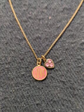 Vintage Anne Koplik Designs Gold Tone Pink LOVE Heart Pendant Statement Necklace